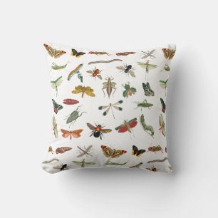 Colorful Vintage Insect Illustration Pattern Throw Pillow