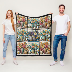 Colorful Vintage Inspired Floral Quilt Pattern Fleece Blanket