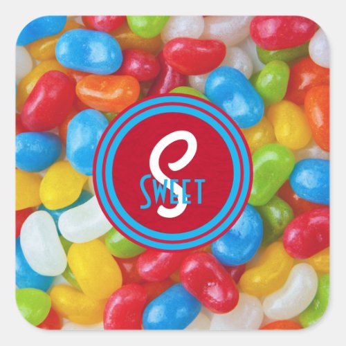 Colorful Vintage Jelly Beans in a Jar Monogram Square Sticker