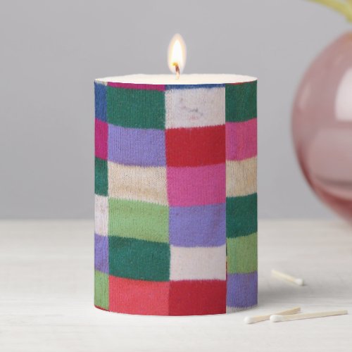 colorful vintage knitted patchwork squares  flamel pillar candle