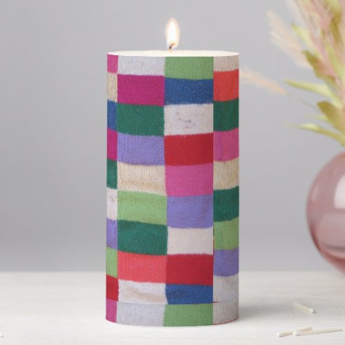 colorful vintage knitted patchwork squares  flamel pillar candle