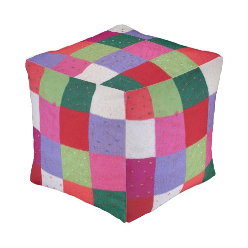 colorful vintage knitted patchwork squares pouf