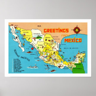 Colorful Vintage Mexico 12x18 Map Print