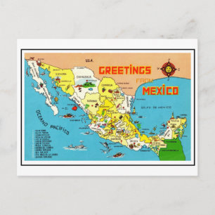 Colorful Vintage Mexico Map Postcard