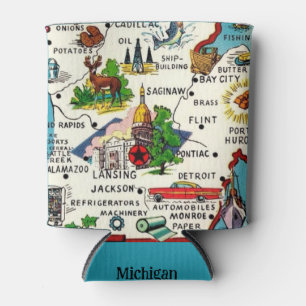 Colorful Vintage Michigan Map Can Cooler