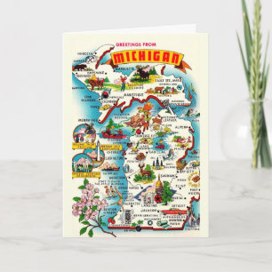 Colorful Vintage Michigan Map Card