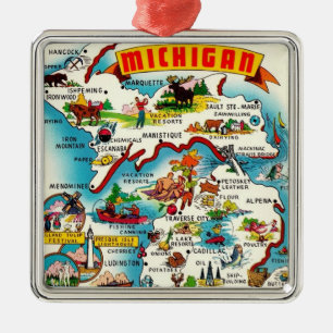 Colorful Vintage Michigan Map Metal Ornament