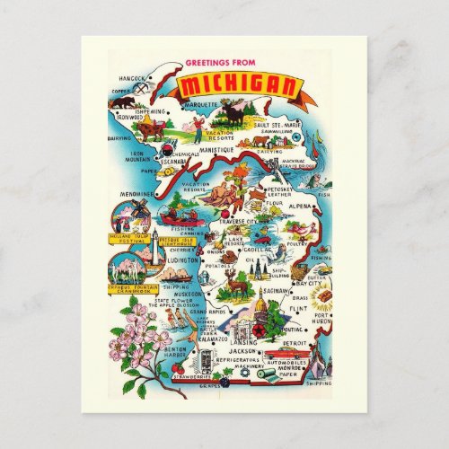 Colorful Vintage Michigan Map Postcard