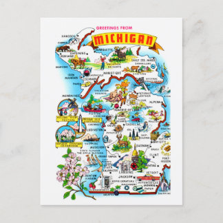 Colorful Vintage Michigan Map Postcard
