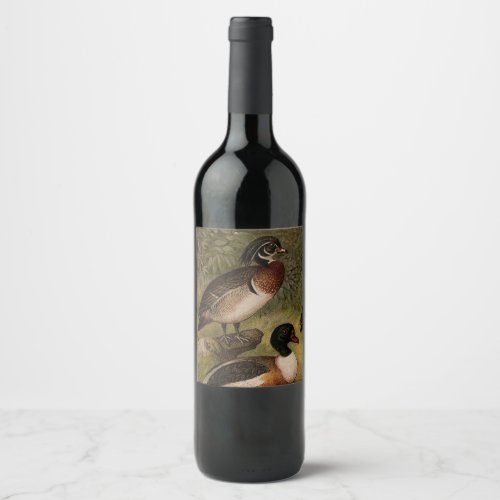 Colorful vintage painting of ducks wine label