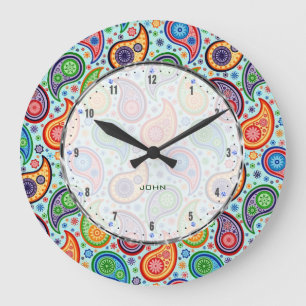 Colorful Vintage Paisley Soft Blue Background Large Clock
