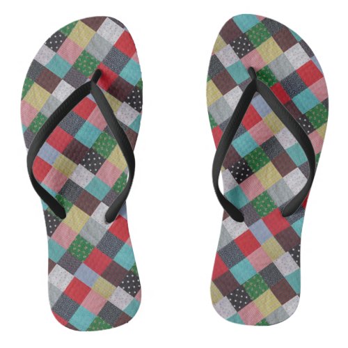colorful vintage patterned squares of patchwork flip flops