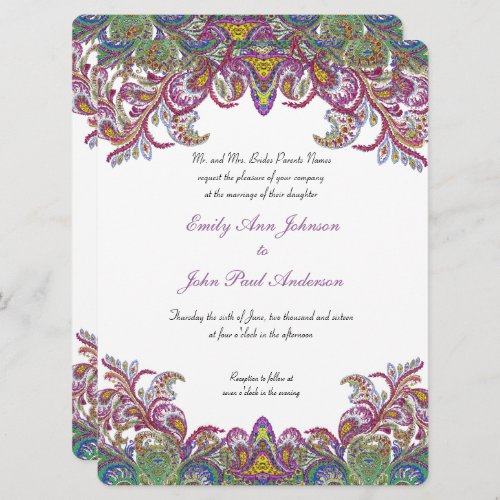 Colorful Vintage Peacock Paisley Damask Wedding Invitation