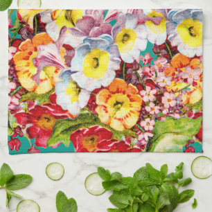   Colorful Vintage Primroses Floral Spring Pattern Kitchen Towel