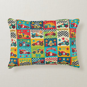Colorful Vintage Race Car Pattern Accent Pillow
