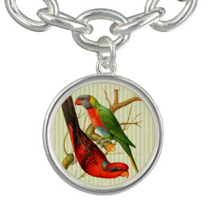 Colorful Vintage Red & Green Parrots Illustration Bracelet