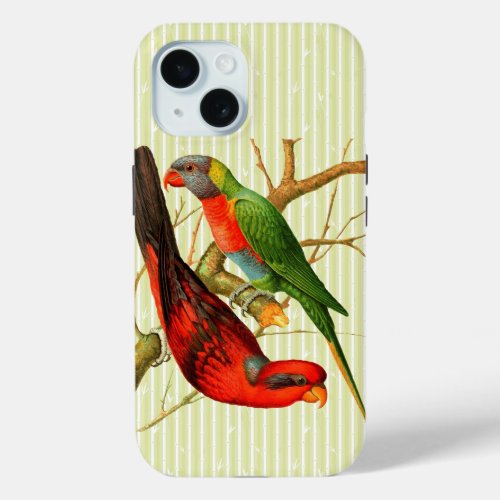 Colorful Vintage Red  Green Parrots Illustration iPhone 15 Case