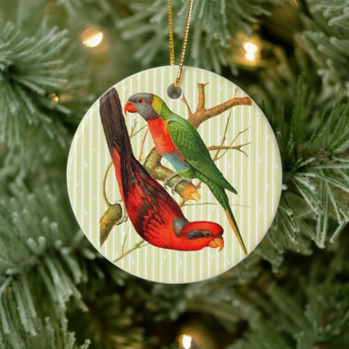 Colorful Vintage Red  Green Parrots Illustration Ceramic Ornament