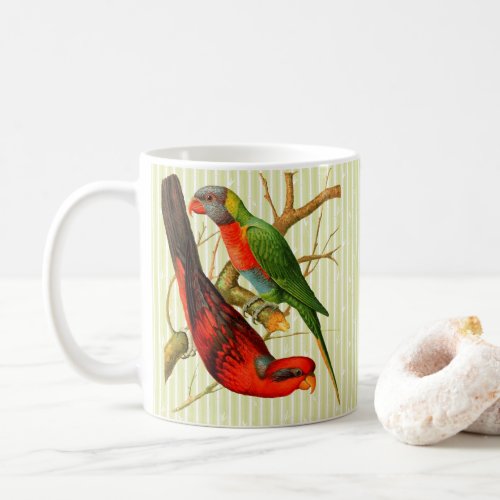 Colorful Vintage Red  Green Parrots Illustration Coffee Mug