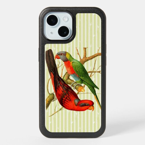 Colorful Vintage Red  Green Parrots Illustration iPhone 15 Case