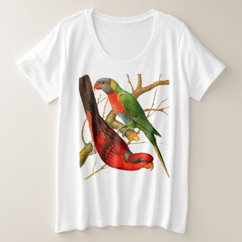 Colorful Vintage Red  Green Parrots Illustration Plus Size T_Shirt