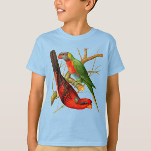 Colorful Vintage Red & Green Parrots Illustration T-Shirt
