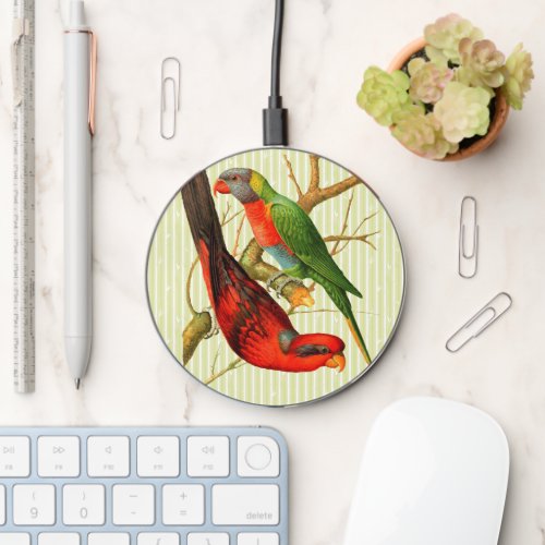 Colorful Vintage Red  Green Parrots Illustration Wireless Charger