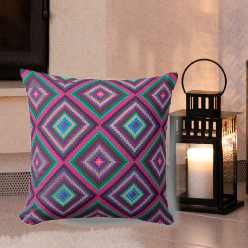 Colorful Vintage Retro Quilt Pattern Boho Chic Throw Pillow