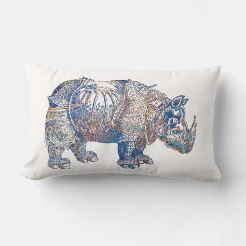 Colorful Vintage Rhino Illustration Lumbar Pillow