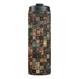 Colorful vintage seamless pattern with floral and thermal tumbler