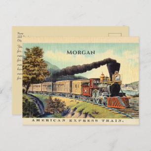Colorful Vintage Steam Train Art, Name, Message Postcard