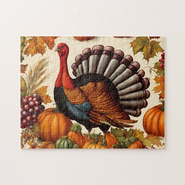 Colorful Vintage Thanksgiving Harvest and Turkey  Jigsaw Puzzle (Horizontal)
