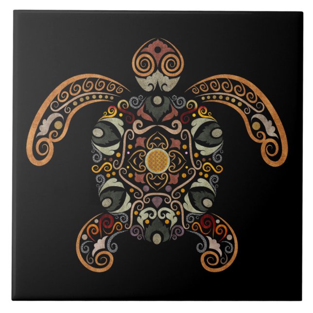 Colorful vintage turtle design ceramic tile (Front)