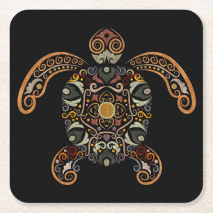 Colorful vintage turtle design square paper coaster