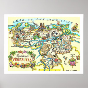 Colorful Vintage Venezuela Map Print