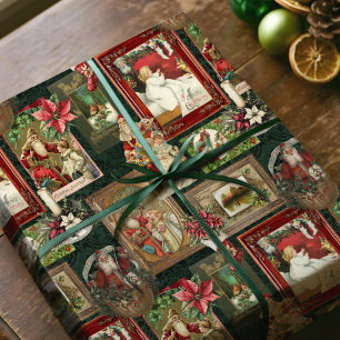 Colorful Vintage Victorian Christmas Card Collage Wrapping Paper