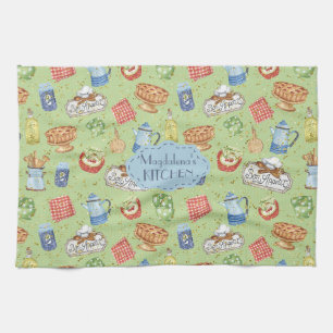 Colorful Vintage Watercolor Chef Cooking Green Kitchen Towel