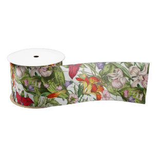 Colorful Vintage Watercolor Floral Pattern Satin Ribbon