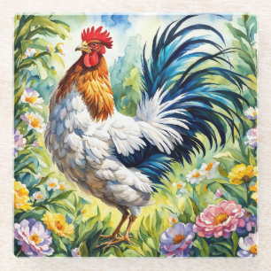 Colorful Vintage Watercolor Floral Rooster Glass Coaster