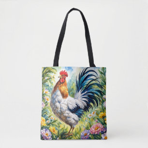 Colorful Vintage Watercolor Floral Rooster Tote Bag