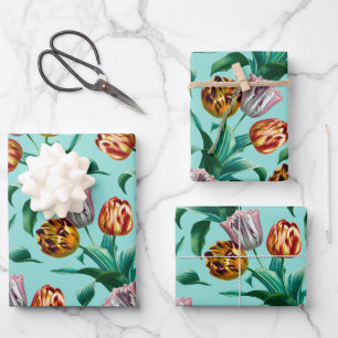 Colorful Vintage Watercolor Tulip Flowers Pattern Wrapping Paper Sheets