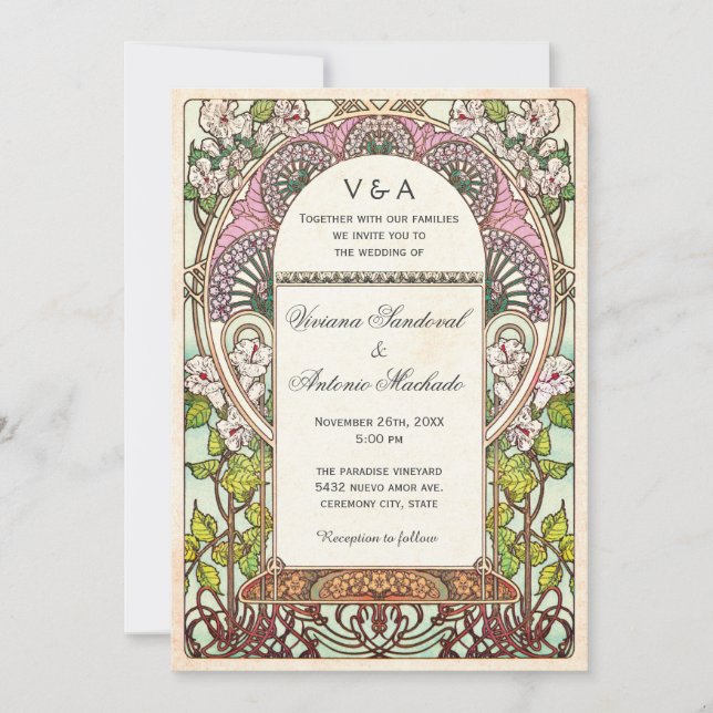 Colorful Vintage Wedding Invitations Art Nouveau (Front)