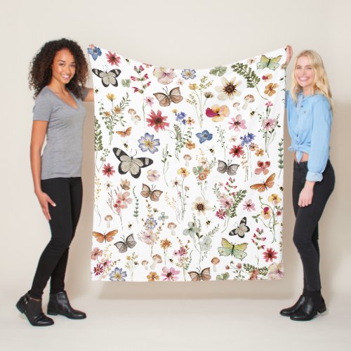 Colorful Vintage Wildflowers Butterflies Botanical Fleece Blanket