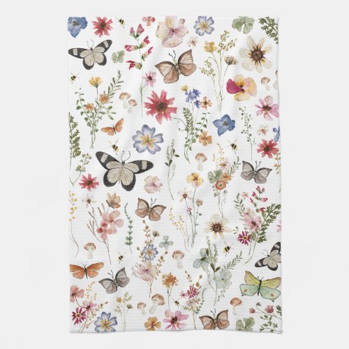 Colorful Vintage Wildflowers Butterflies Botanical Kitchen Towel