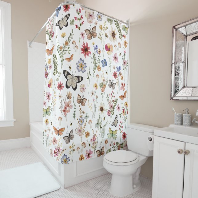 Colorful Vintage Wildflowers Butterflies Botanical Shower Curtain (In Situ)