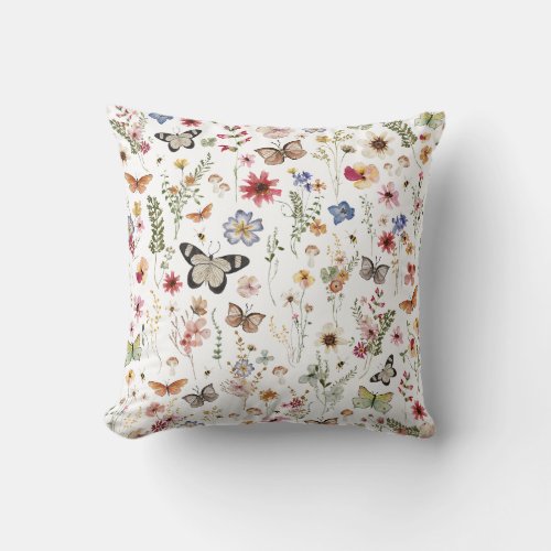 Colorful Vintage Wildflowers Butterflies Botanical Throw Pillow