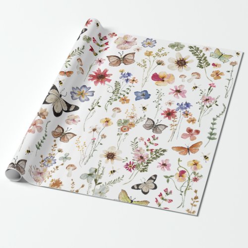 Colorful Vintage Wildflowers Butterflies Botanical Wrapping Paper
