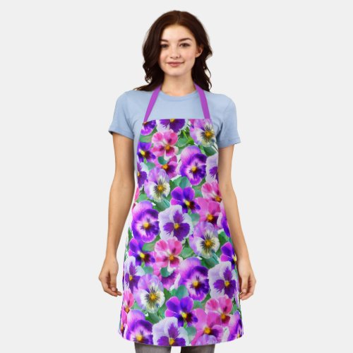 Colorful Violets Pansy Flower Pattern Apron