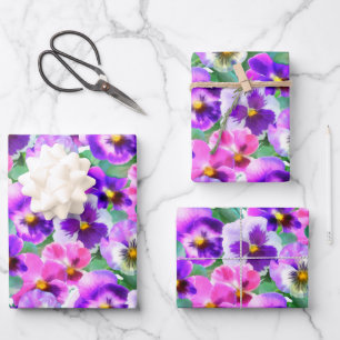 Colorful Violets Pansy Flower Pattern Wrapping Paper Sheets