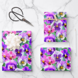 Colorful Violets Pansy Flower Pattern Wrapping Paper Sheets